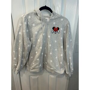 Disney parks Minnie Mouse Hoodie Grey Polka Dot Zip Up Puff Sleeve Sweatshirt L